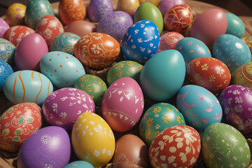 Fototapeta na wymiar Heap of decorated colorful easter eggs
