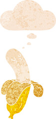 cartoon banana and thought bubble in retro textured style