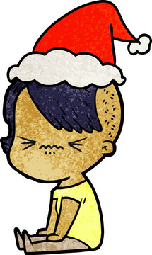textured cartoon of a annoyed hipster girl wearing santa hat