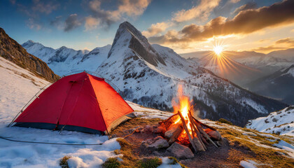 Camping tent and camping fire in front of snow-covered mountain landscape - obrazy, fototapety, plakaty