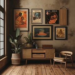 Vintage Interior Decor with Framed Artworks, Wooden Furniture, and Indoor Plants in a Stylish Living Room