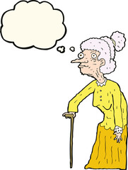cartoon old woman with thought bubble