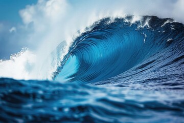 a big blue wave in the ocean, in the style of exacting precision