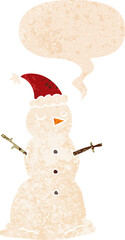 cartoon snowman and speech bubble in retro textured style