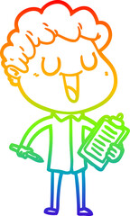 rainbow gradient line drawing laughing cartoon man with clipboard and pen