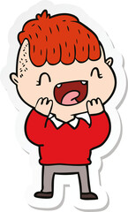 sticker of a cartoon happy boy laughing