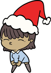 line drawing of a woman wearing santa hat