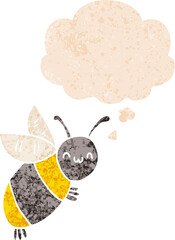 cute cartoon bee and thought bubble in retro textured style