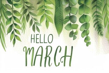 Hello March banner with painted plant border Generative AI - obrazy, fototapety, plakaty