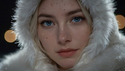 Polar Faerie Woman in White Fur Coat: Shy Smile, Icy Blue Eyes, Freckles, Dark Firework Sky
