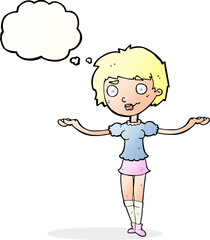 cartoon woman spreading arms with thought bubble