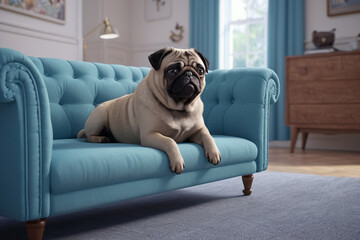 Cute pug dog on blue couch at home