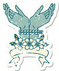 grunge sticker with banner of hands tied
