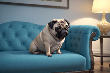 Cute pug dog on blue couch at home