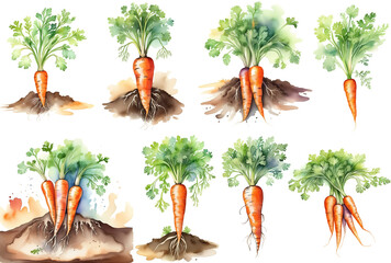 Watercolor carrots collection. Orange raw vegetables isolated on white background. Carrots inside the ground slices.