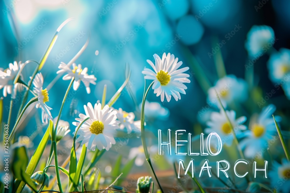 Poster hello march banner with soft flower image generative ai