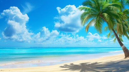 Fototapeta na wymiar Banner of idyllic tropical beachscape with palm trees