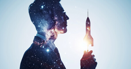 Double exposure of a businessman holding a rocket and a star. Rising, success, physics mathematics. Space, exploration and science concept.