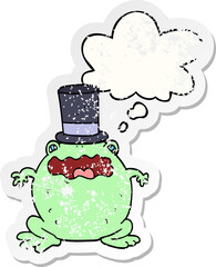 cartoon toad wearing top hat and thought bubble as a distressed worn sticker