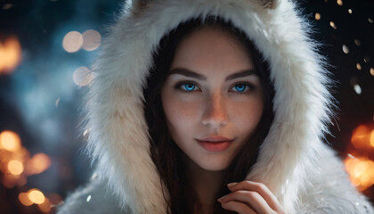 Polar Faerie Woman in Fur Hoodie: Shy Smile, Icy Blue Eyes, White Coat, Freckles, Firework Night Sky