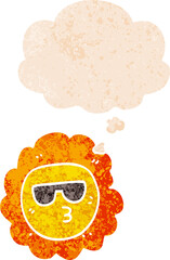 cartoon sunflower and thought bubble in retro textured style