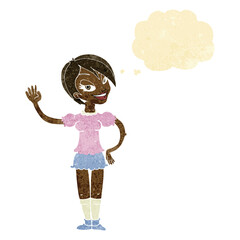 cartoon waving woman with thought bubble