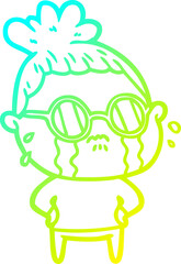 cold gradient line drawing cartoon crying woman wearing sunglasses