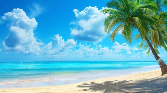 Banner of idyllic tropical beachscape with palm trees © Lucija