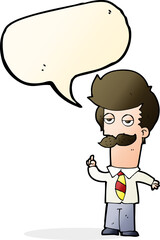 cartoon man with mustache explaining with speech bubble