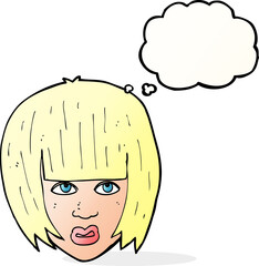 cartoon annoyed girl with big hair with thought bubble