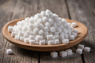 Fototapeta na wymiar Heap of grained white sugar on table