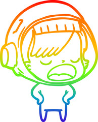 rainbow gradient line drawing cartoon astronaut woman explaining