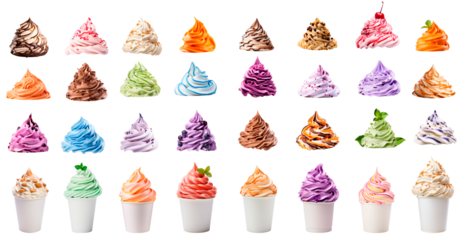 Big set Assorted Soft Serve Ice Cream Swirls. Summer clip art.A chain of products for a store or an ice cream van with a lot of flavors