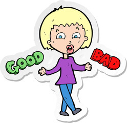 sticker of a cartoon woman weighing up options