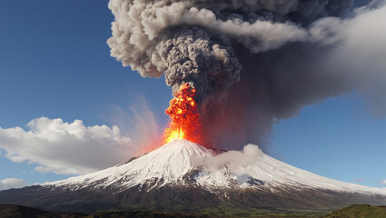 Erupting volcano with flowing lava