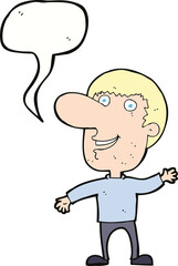 cartoon waving man with speech bubble