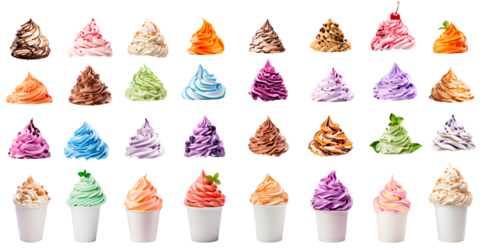 Big set Assorted Soft Serve Ice Cream Swirls. Summer clip art.A chain of products for a store or an ice cream van with a lot of flavors - Powered by Adobe