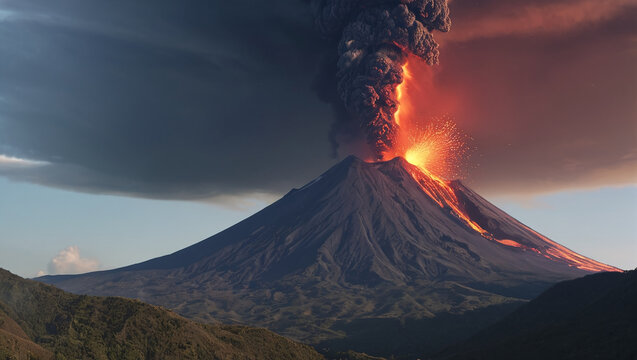 Erupting volcano with flowing lava