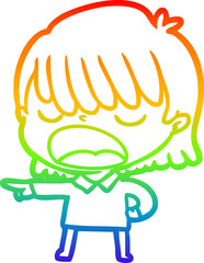 rainbow gradient line drawing cartoon woman talking loudly