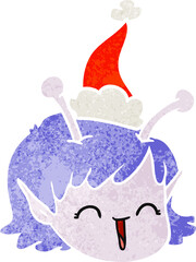 retro cartoon of a alien space girl face wearing santa hat