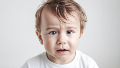 Fototapeta premium Portrait of a beautiful unhappy kid. Scared sad little child crying, Isolated on white background.