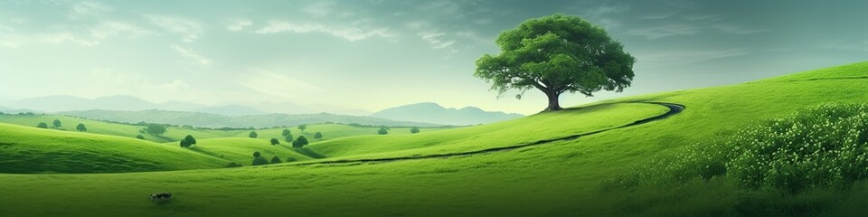 illustration,green nature landscape with tree and mountain ,website header