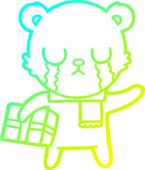 cold gradient line drawing crying polar bear cartoon with christmas gift