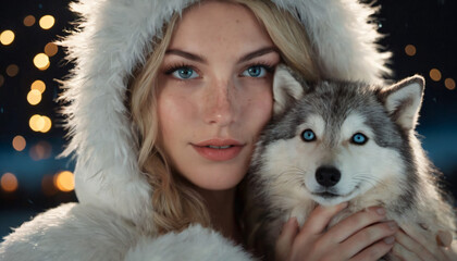 Polar Faerie Woman: Shy Smile, Icy Blue Eyes, White Fur Coat, Firework Night Sky, Freckles