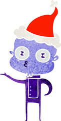 retro cartoon of a weird bald spaceman wearing santa hat