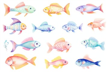 Colorful fishes, each with its unique pattern and size. They are drawn in a watercolor style and set against a white background. - obrazy, fototapety, plakaty