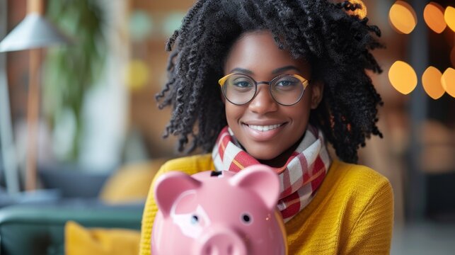Black woman securing financial future with piggy bank savings