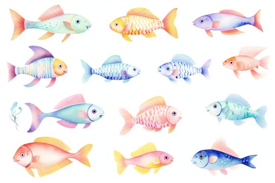 Colorful fishes, each with its unique pattern and size. They are drawn in a watercolor style and set against a white background.