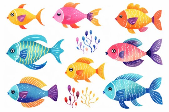 Nine colorful fish, each with its own unique pattern and coloration. They vary in size and shape and are set against a white background.