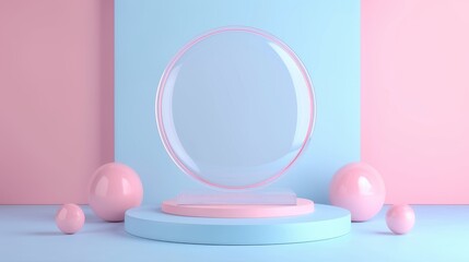 Blue and pink 3D display podium with circular glass backdrop for mockup